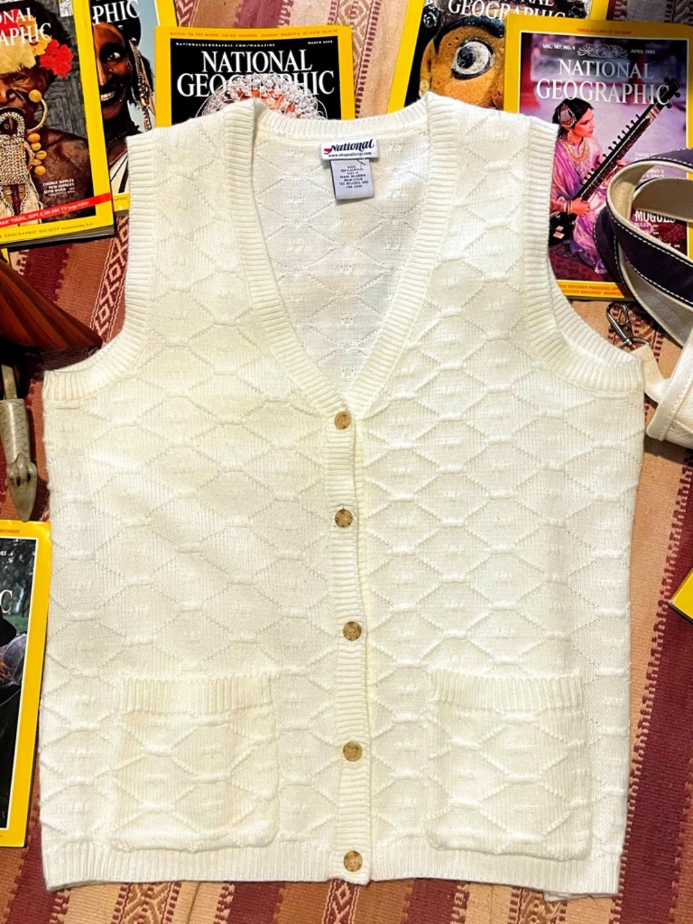 Vintage Cream Cable-Knit Button Front Sweater Vest